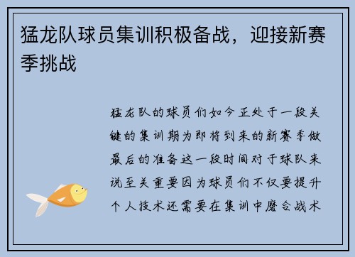 猛龙队球员集训积极备战，迎接新赛季挑战